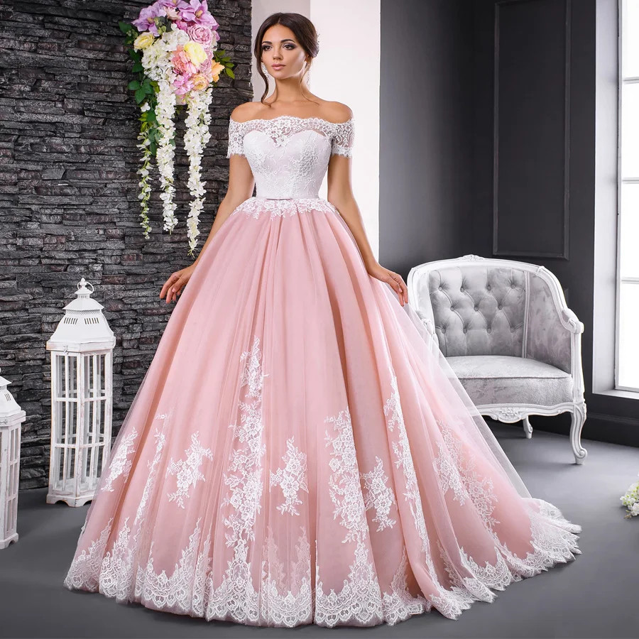 Pink and White Wedding Dress Lace Applique Boat Neck Off Shoulder Short Sleeves