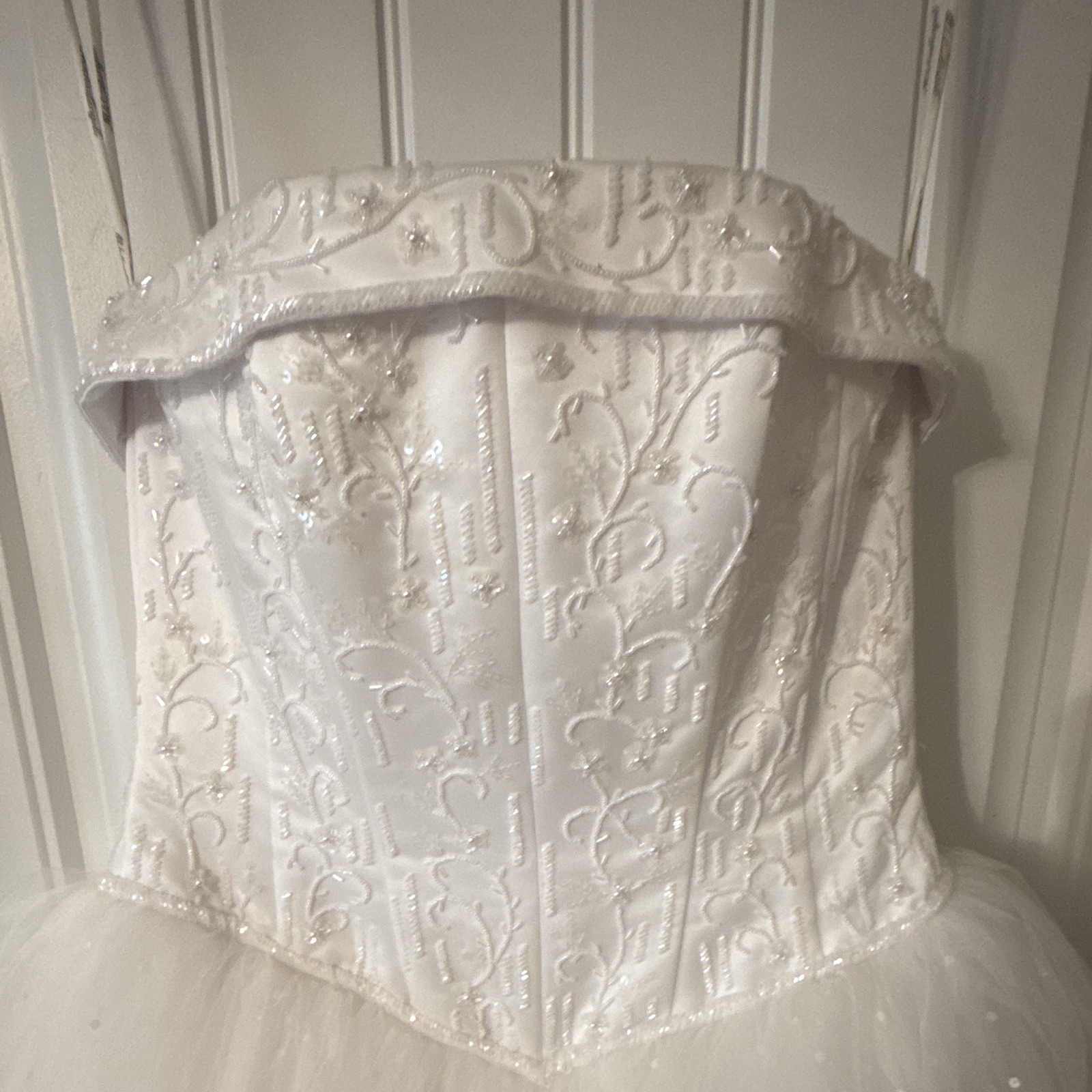 White Strapless Ball Gown Wedding Dress, Full-Length Tulle, Embroidery & Beading
