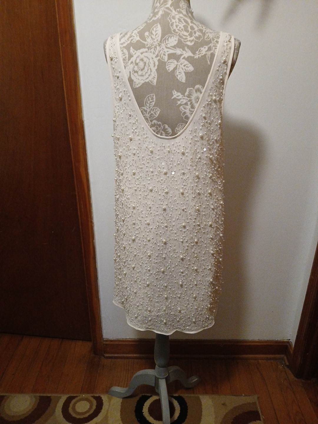 H&M Ivory Pearl Embellished Shift Mini Dress Size L