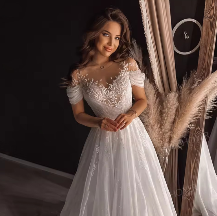 Puff Sleeve Wedding Dresses Shiny Fashion Beaded A-Line customized Princess