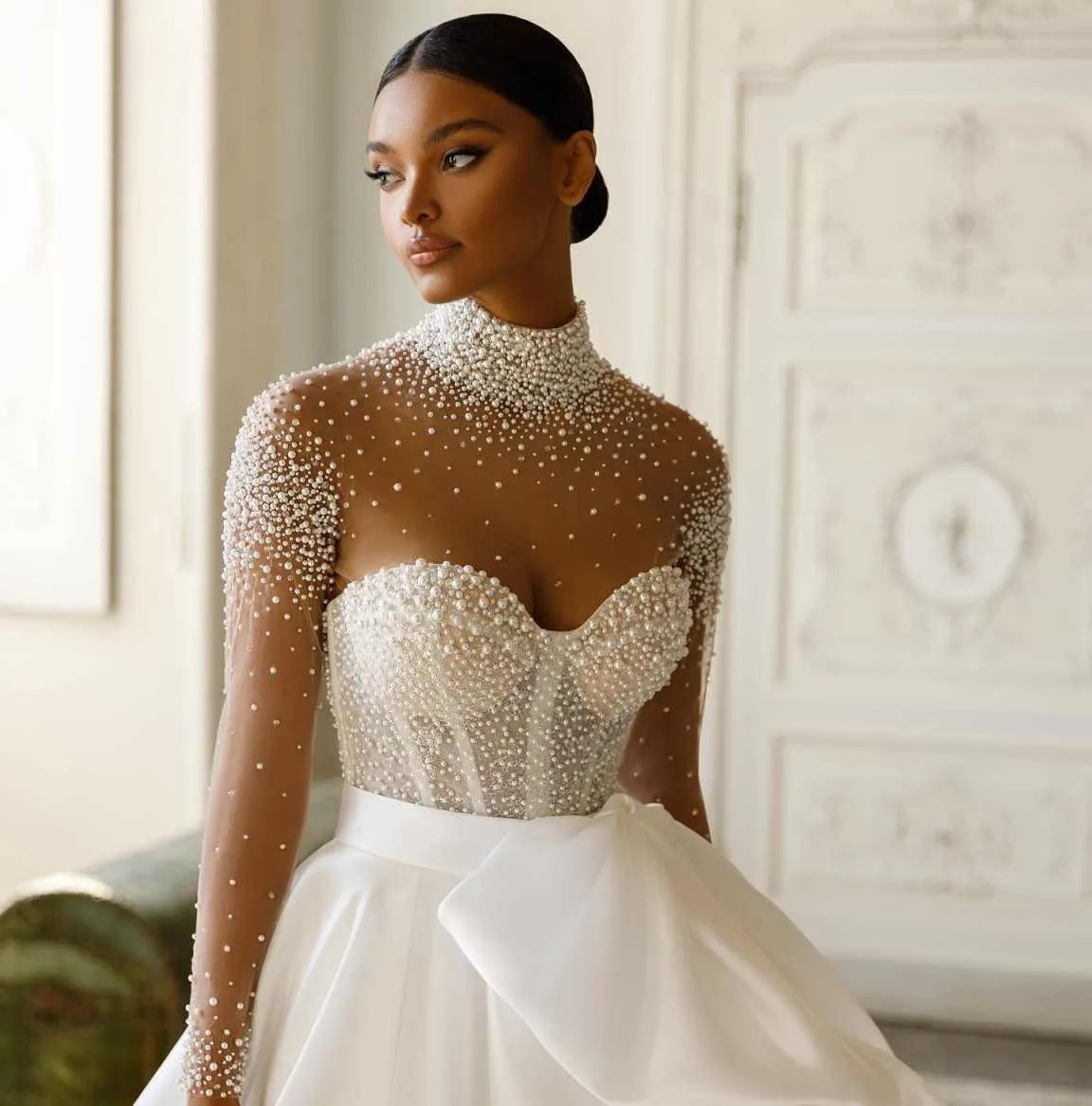 Luxury A Line Wedding Dresses High Neck Long Sleeves Satin Pearls Bridal Gowns