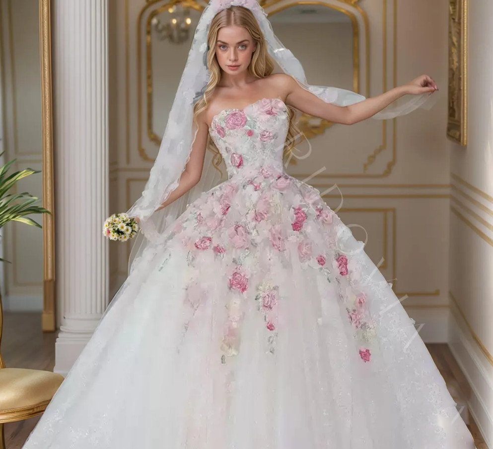 Princess White Ivory Wedding Dresses with Pink Florals Sweetheart Lace Bridal