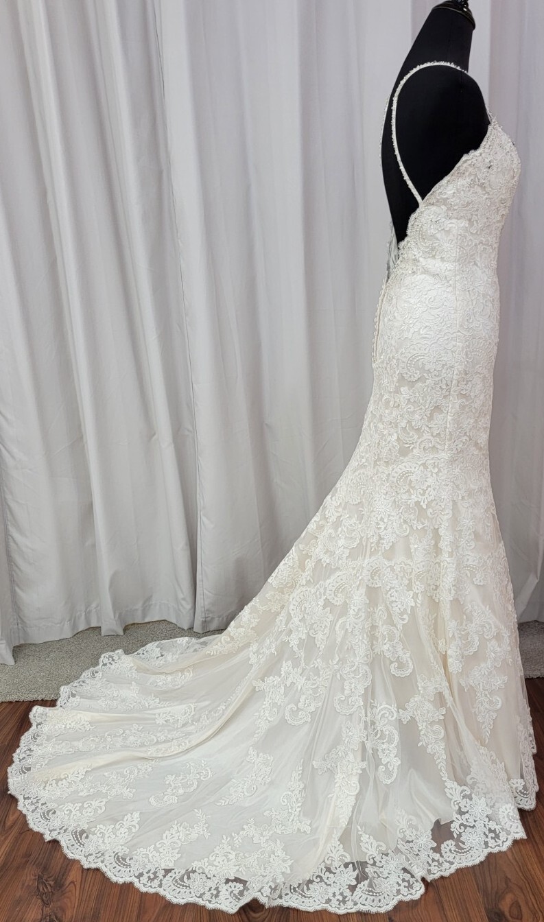 Blu Morilee Bridal 5415 Wedding Dress Sheath Fit Flare Fitted Beach V Neck Lace