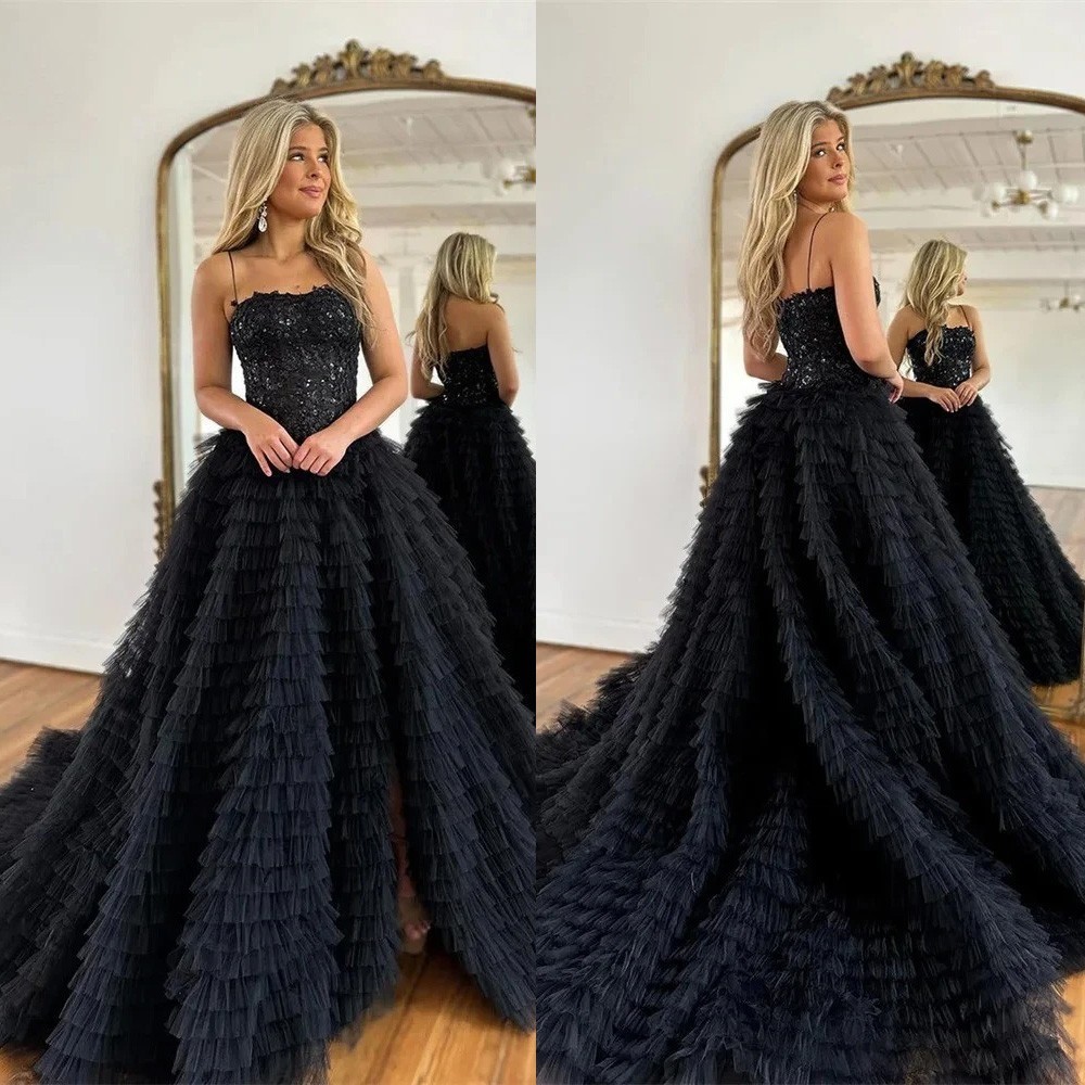 Gothic Wedding Dress Black Spaghetti Straps Sweep Train Tiered Layer Bridal Gown