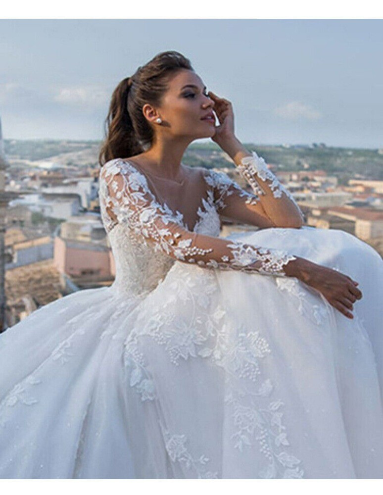 Women Luxury Wedding Dress V-Neck Backless Sexy Bridal Gowns Lace Appliques Robe