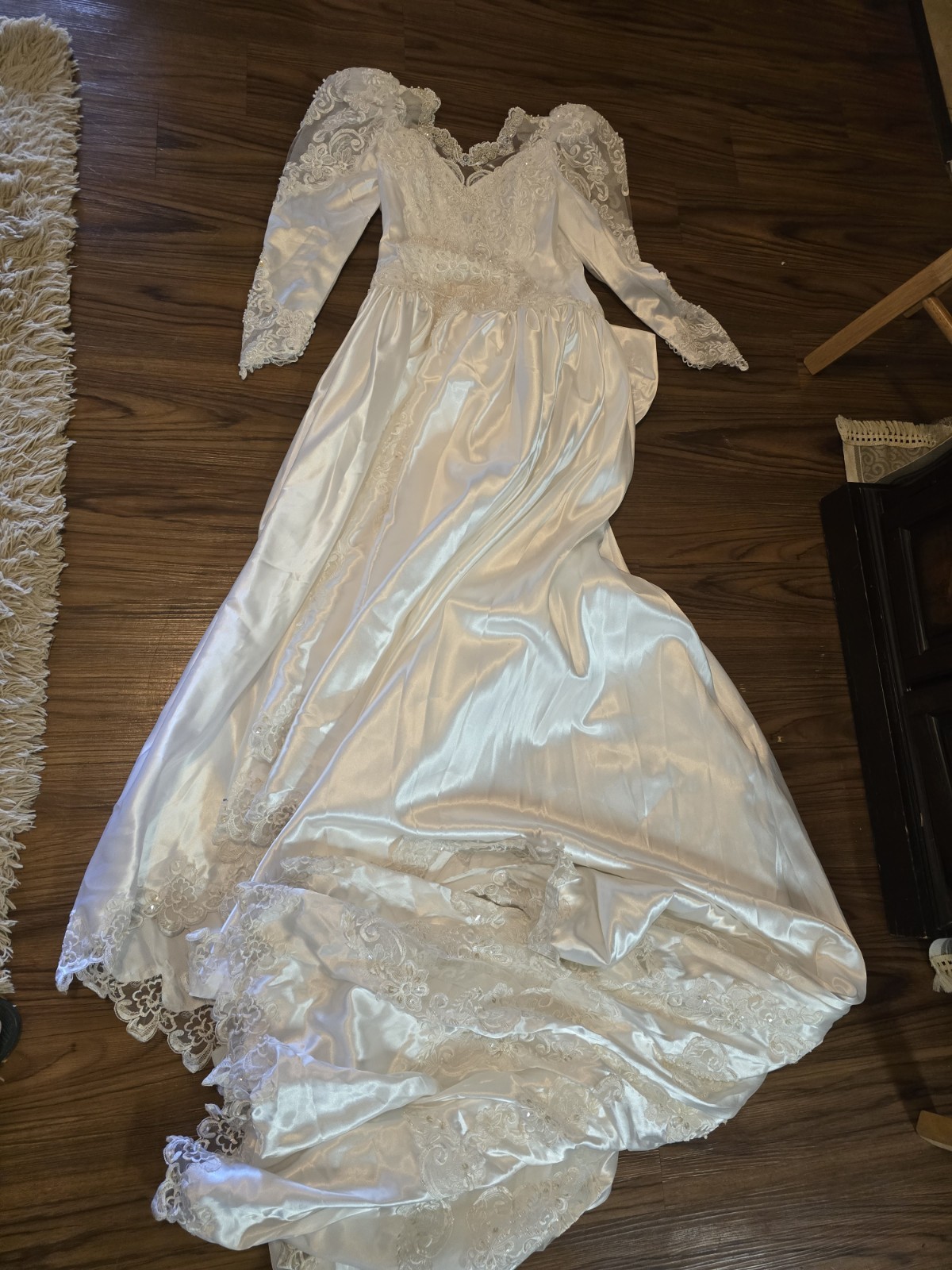 Mary’s White Satin Lace Beaded Bow Long Sleeve V-Neck A-Line Wedding Train