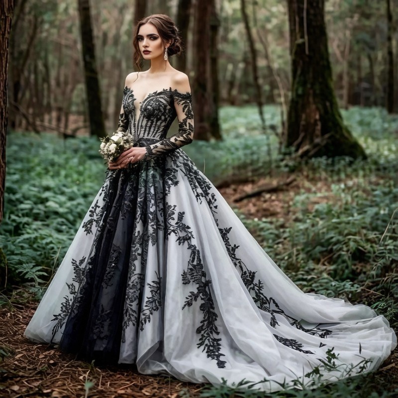 Black and White Vintage Gothic Wedding Dresses Off Shoulder Long Sleeves Bride