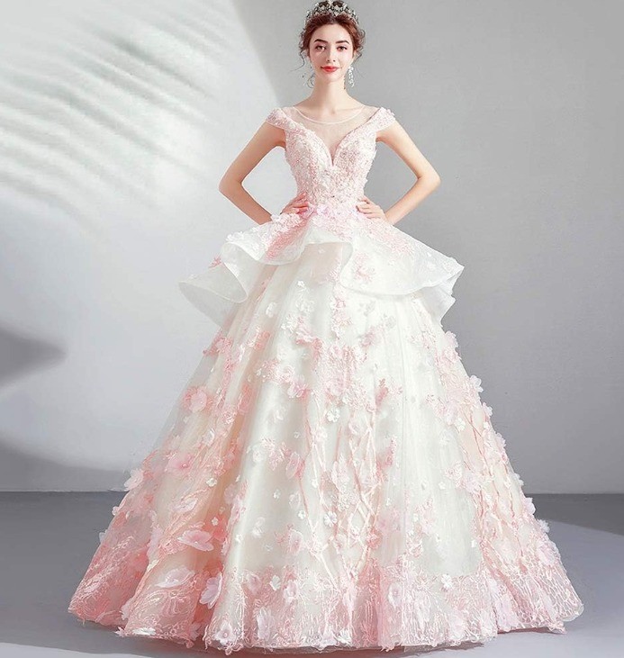 Brand New V-Neck Pink/White Lace Applique Tulle Ball Gown Cap Sleeve Corset Back