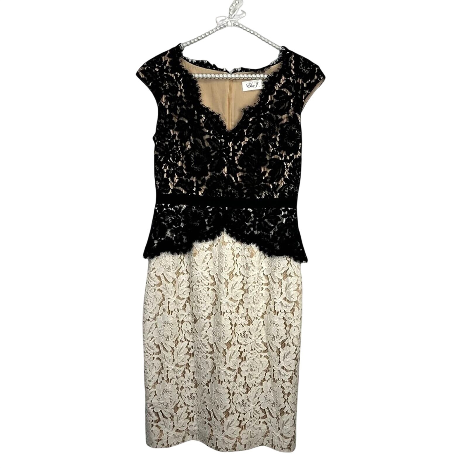 Eliza J Black and White Lace Nude Fully Lined Knee Length Dress Size 4