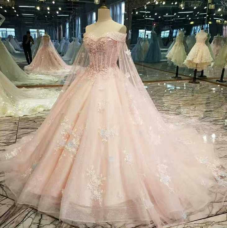 Princess Light Pink Wedding Dresses with Cape Lace Appliques A Line Bridal Gowns
