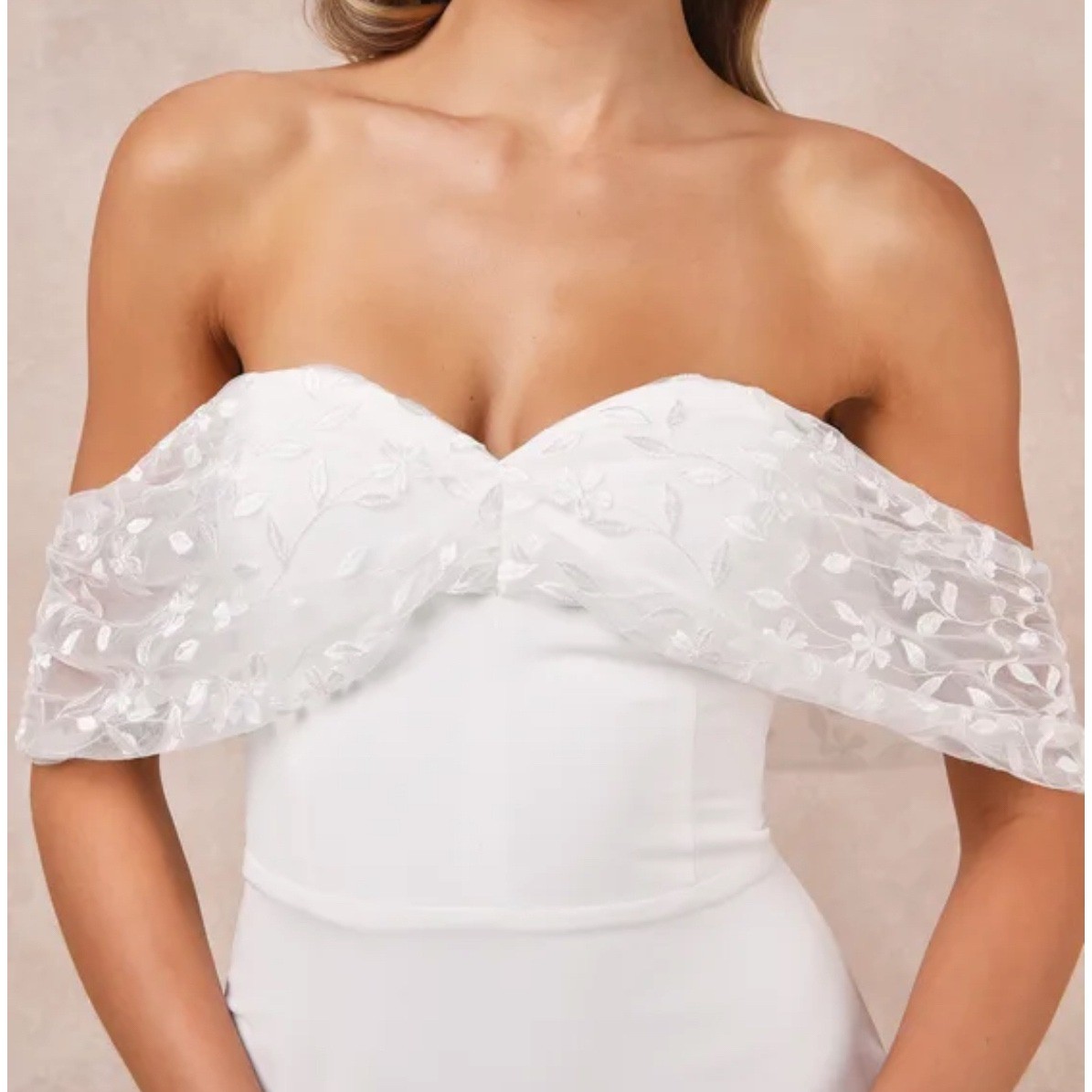 Lulus Beloved Beginning White Off Shoulder Lace Bodice Wedding Dress Maxi Sze XS