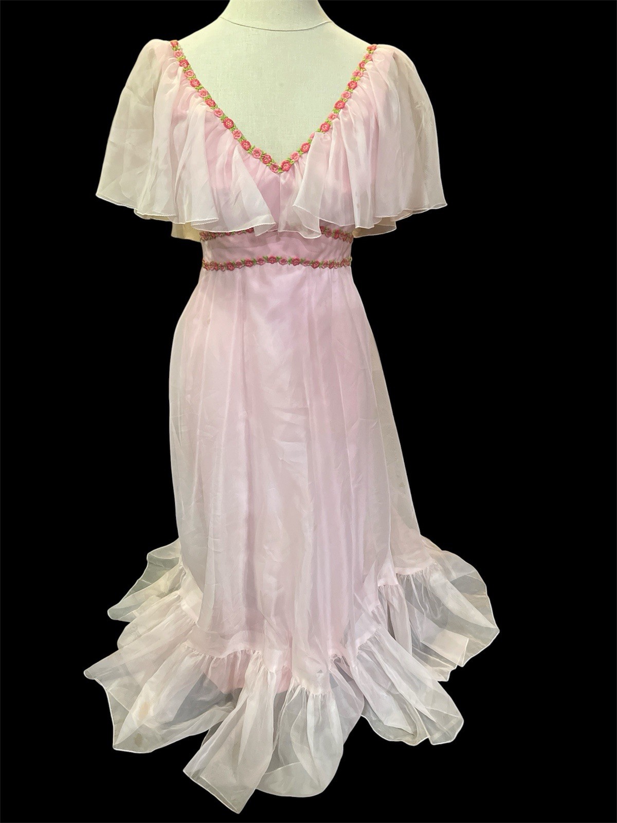 VTG 1960s Mike Benet Formal Gown-Pink/White Chiff-Embroidered Flowers-Sz 10-762