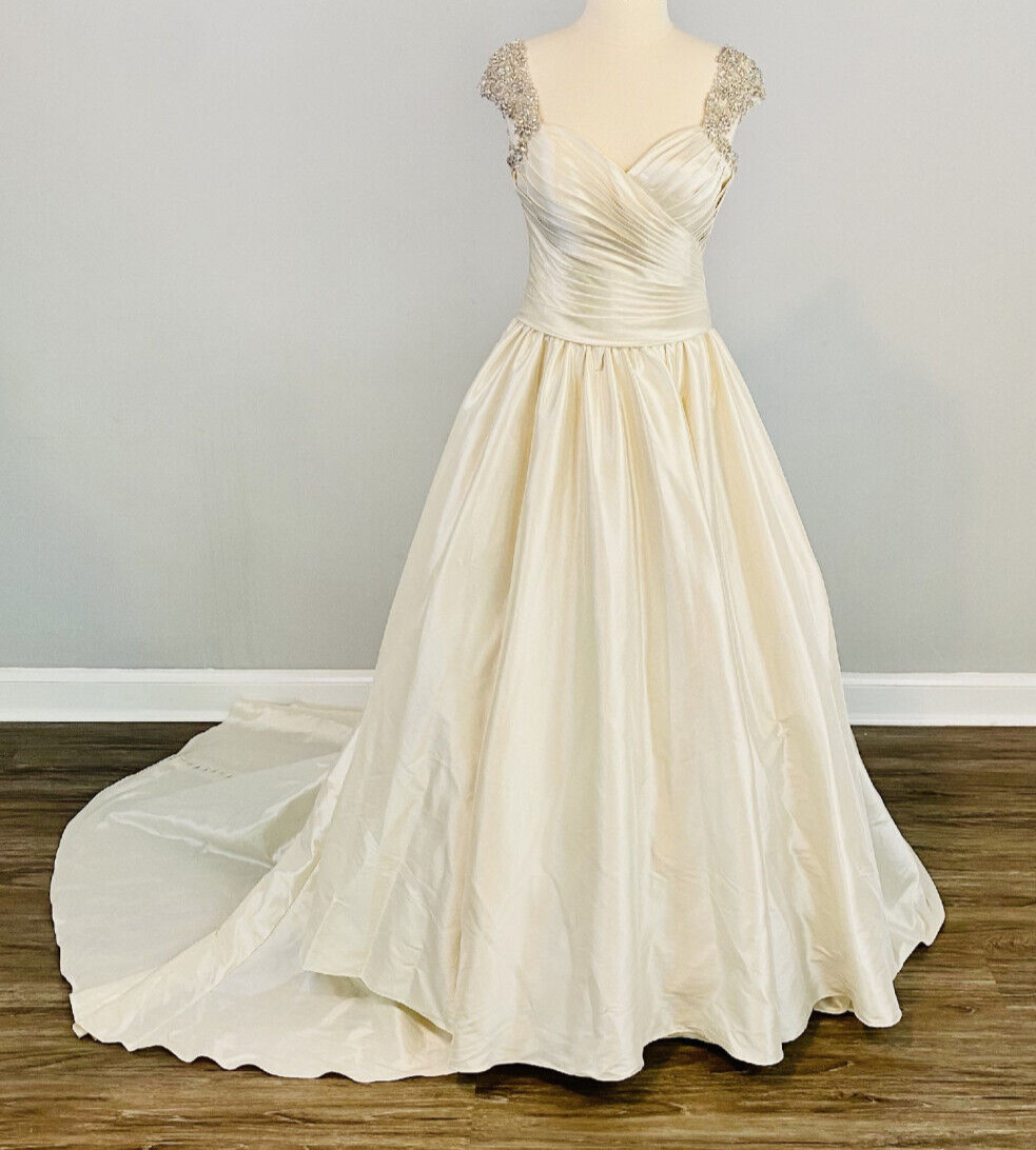 Allure 9204 Wedding Dress 8 Ivory Ball gown Satin Crystal Straps Buttons Back