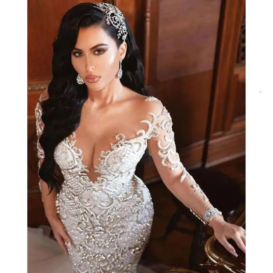 Sexy Mermaid Wedding Dresses Long Sleeves Lace Crystals Court Train Bridal Gowns
