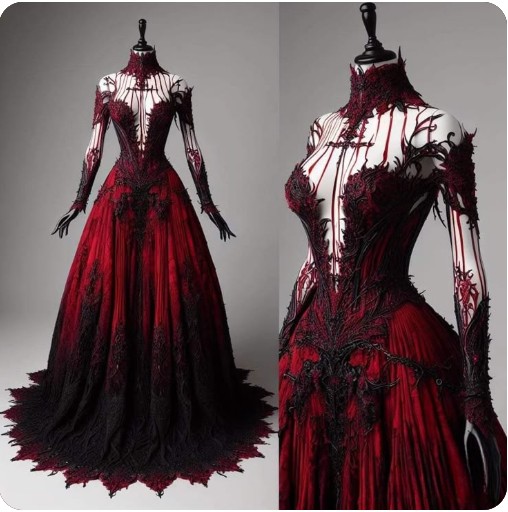 Medieval Vintage Wedding Dresses A-line Burgundy Tull Black Lace Applique