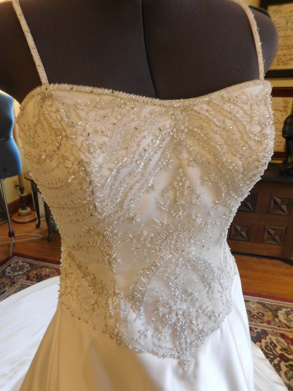 WHITE SATIN ALLURE BRIDALS BEAUTIFULY BEADED TOP W/VERY FULL SKIRT & TRAIN 12