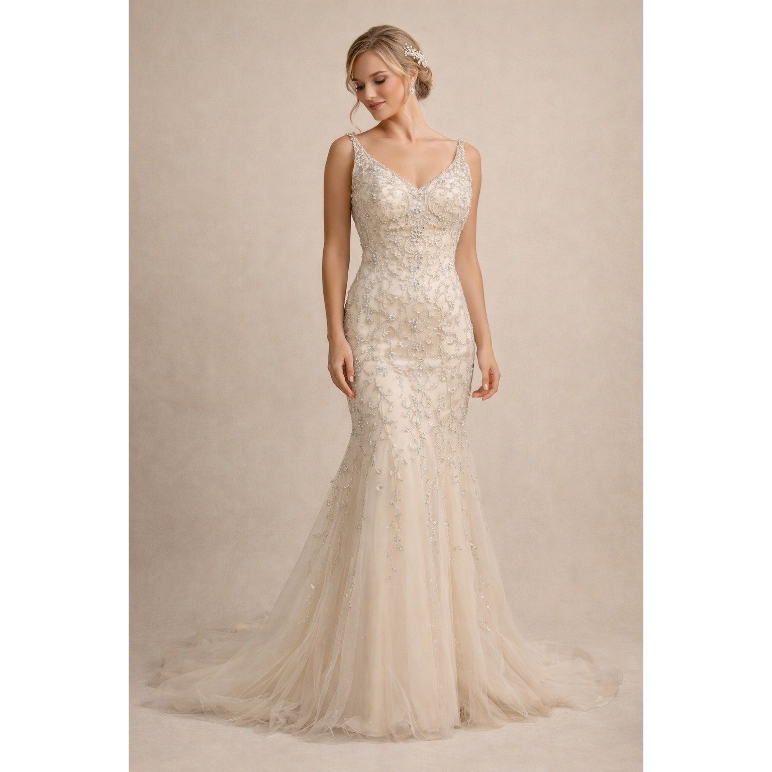 Stella York Wedding Gown 10 Champagne Mermaid Beaded Open Back train drop waist