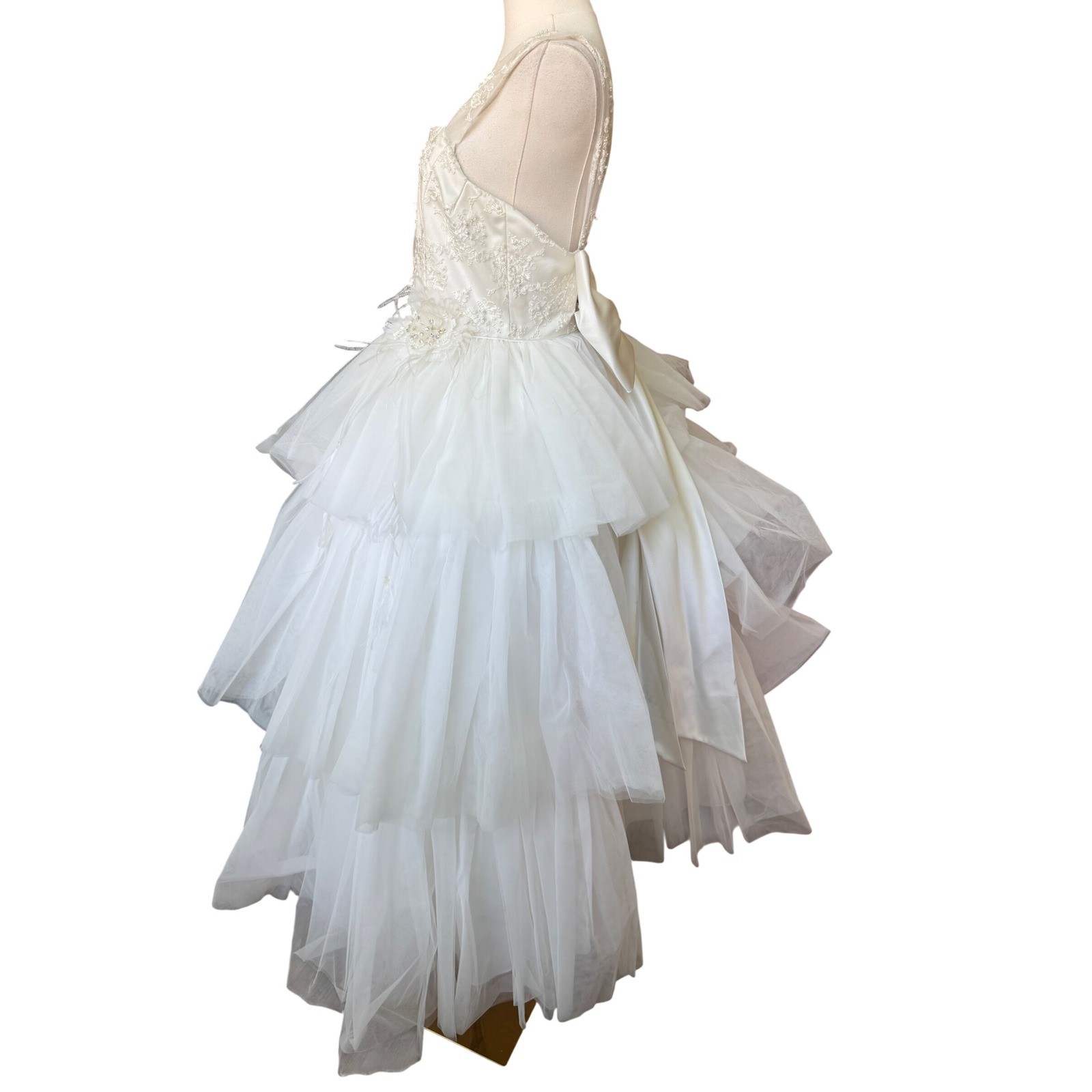Vintage Tulle Beaded Tiered Ruffle A-Line Tea Length Wedding Dress Size 16 Bow