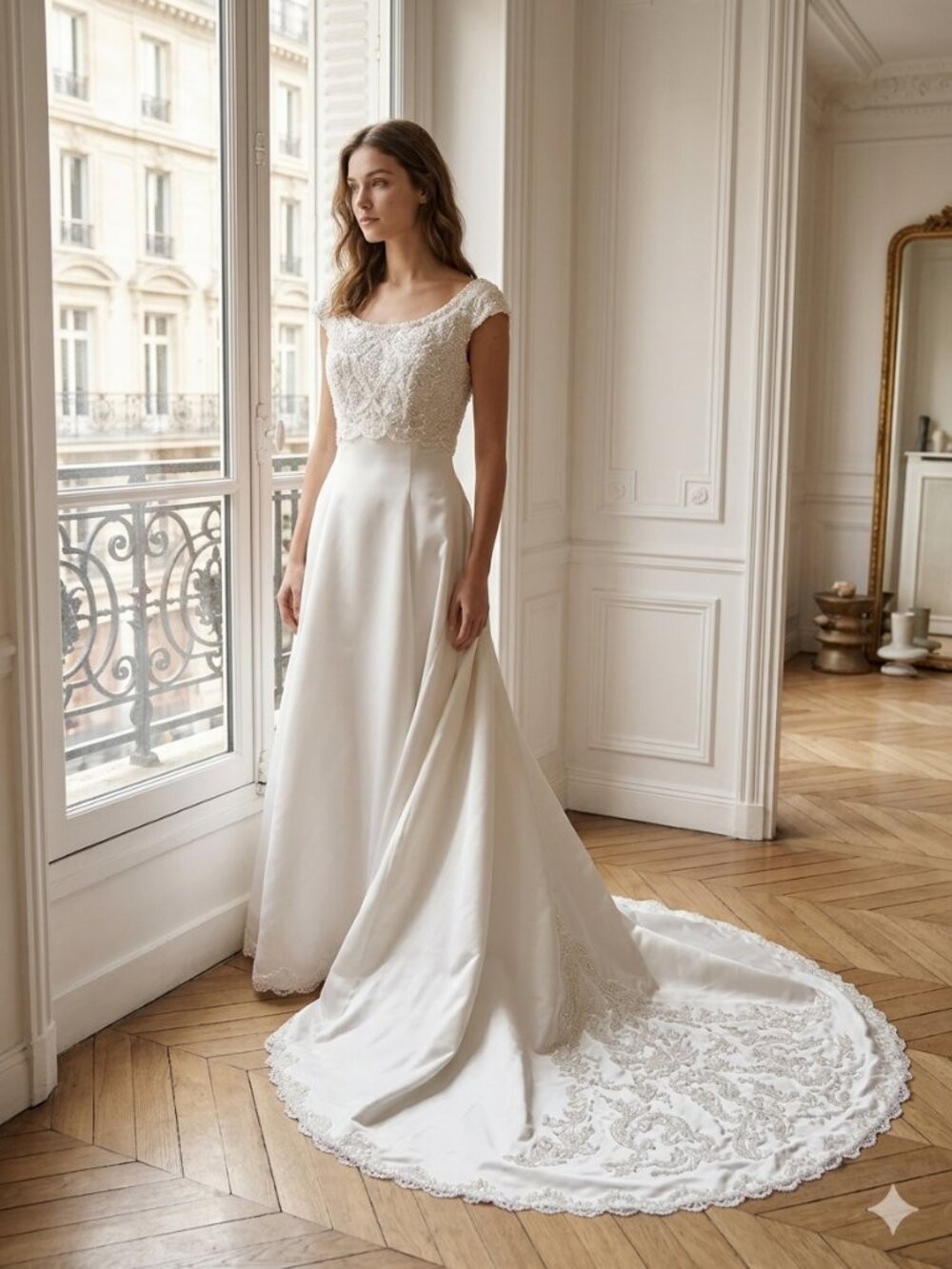 Alfred Angelo White Satin Beaded Bodice Wedding Gown with Sweep Train – Small