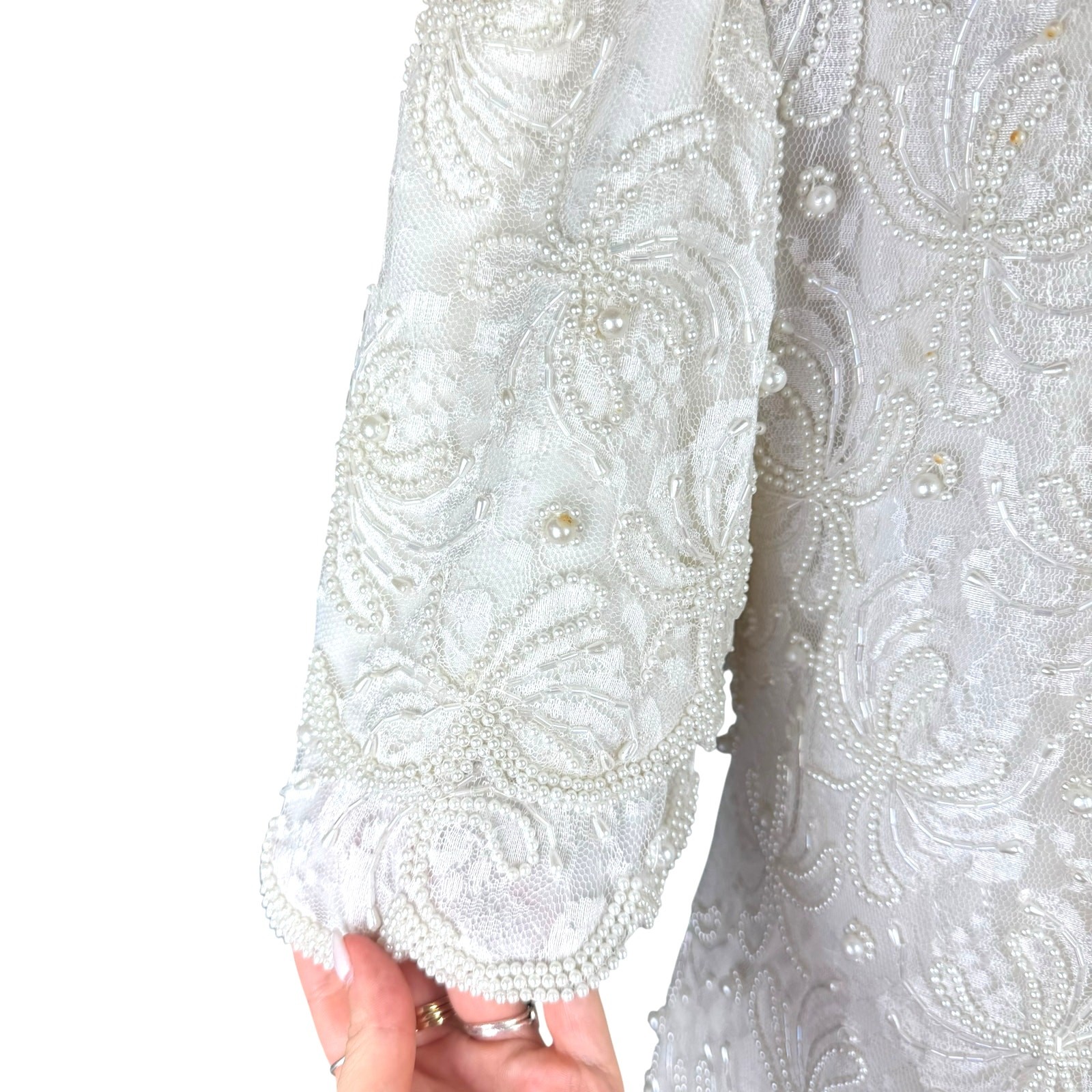 Vintage Laurence Kazar Sz 12 Full Length Pearl Beaded Lacy V Neck Wedding Dress
