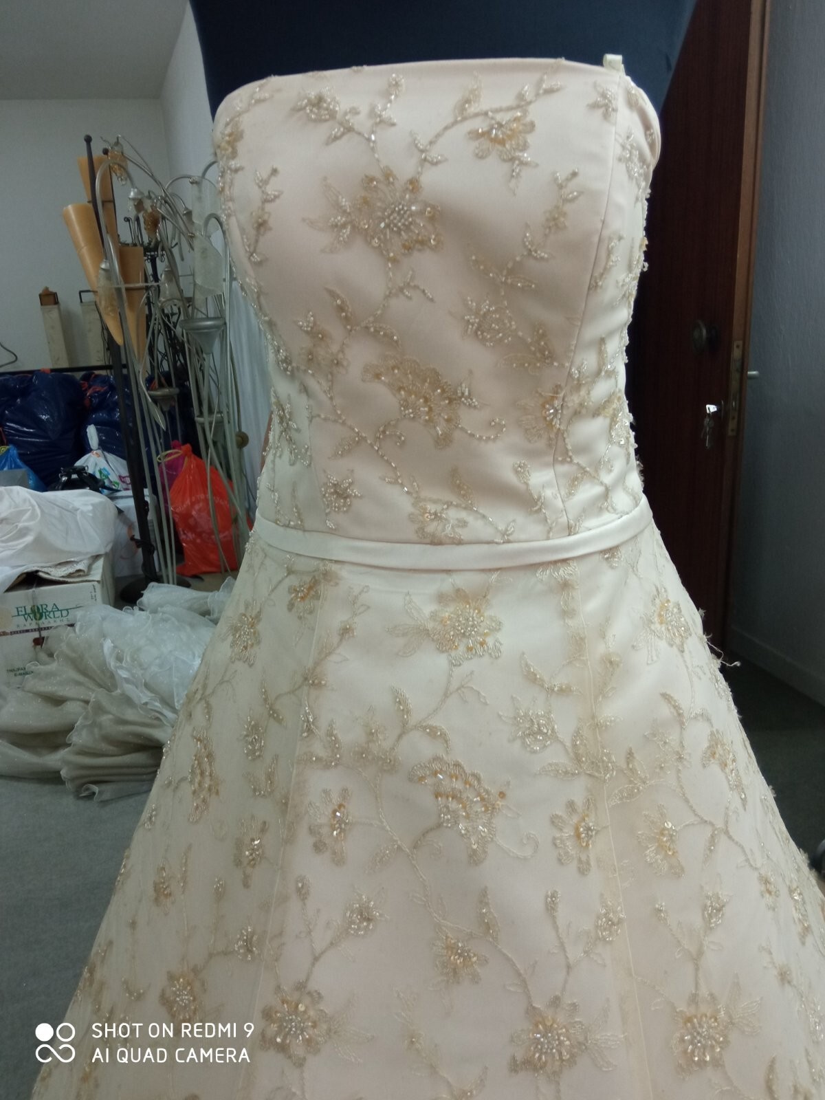 Wedding dress – new – romantic designer vintage gown pink gold off white pattern