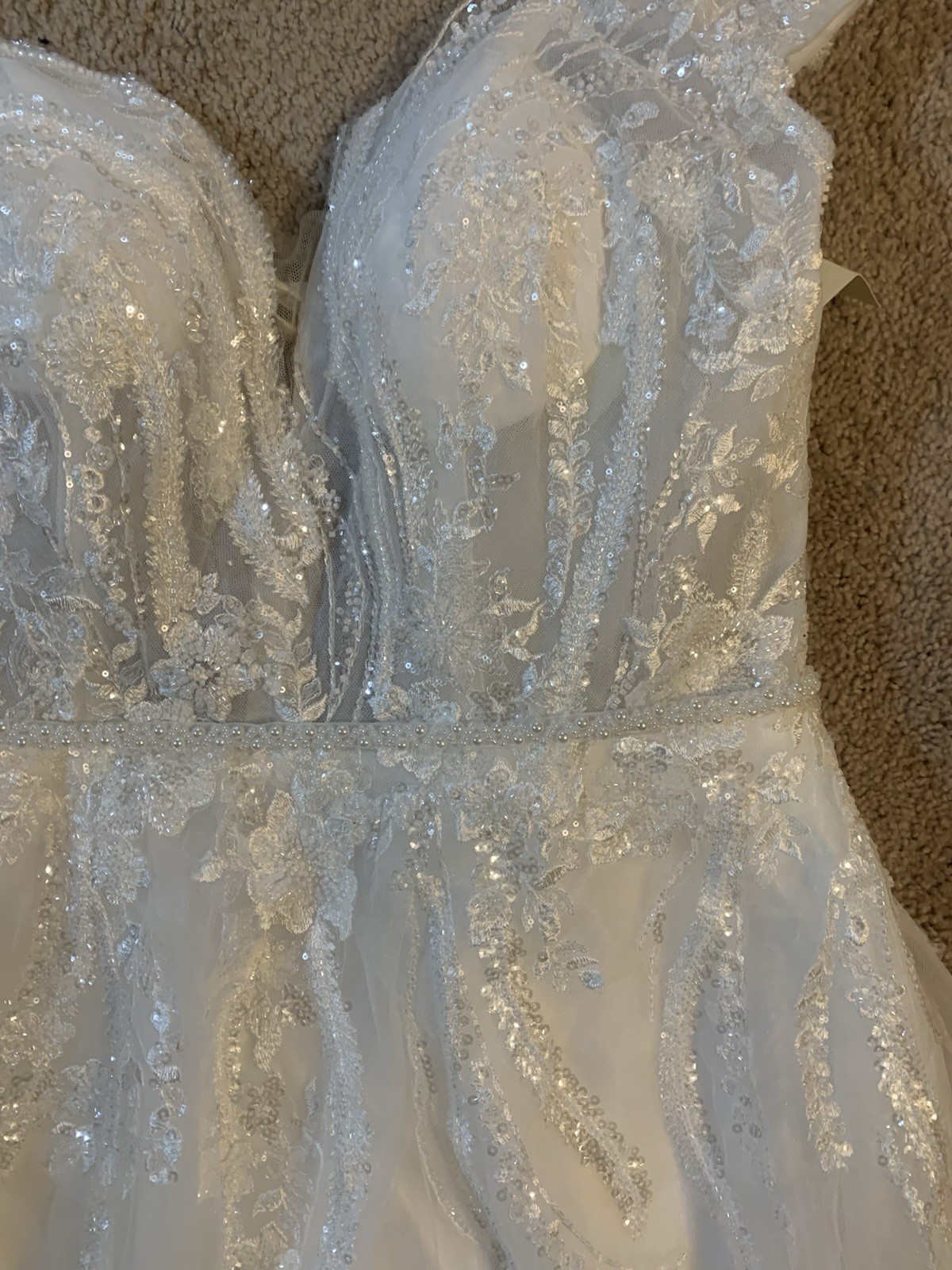 Watters Ivory Lace Beaded A-Line Full-Length Wedding Dress Button Back Straps