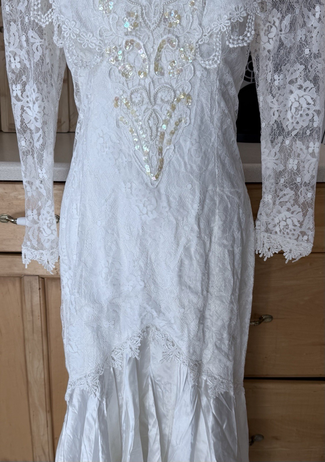 Vtg 1980s Jessica McClintock wedding dress Sz 12 high-neck lace bodice beading