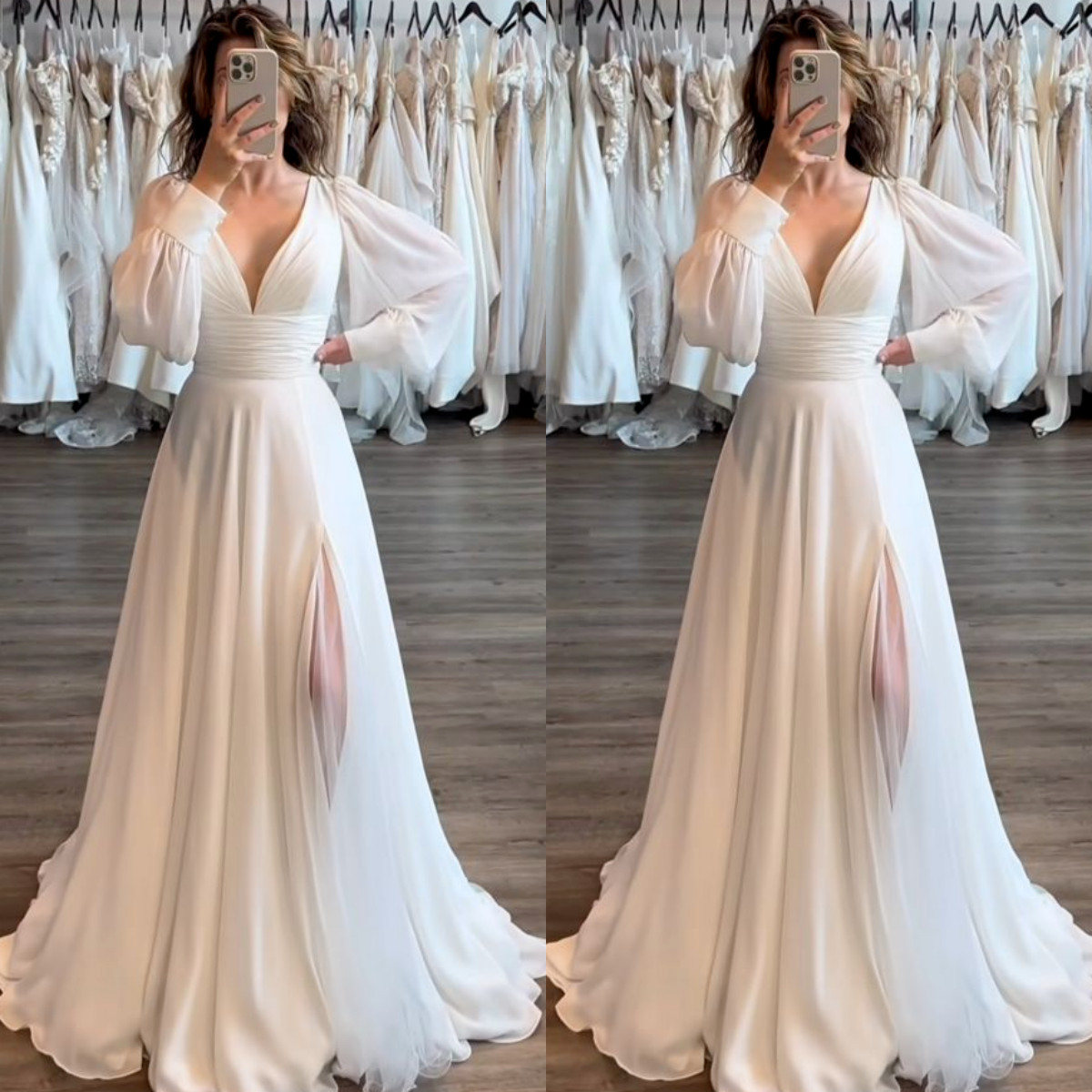 Chiffon Summer Wedding Dresses with Slit V Neck Long Sleeves Dreamy Bridal Gowns