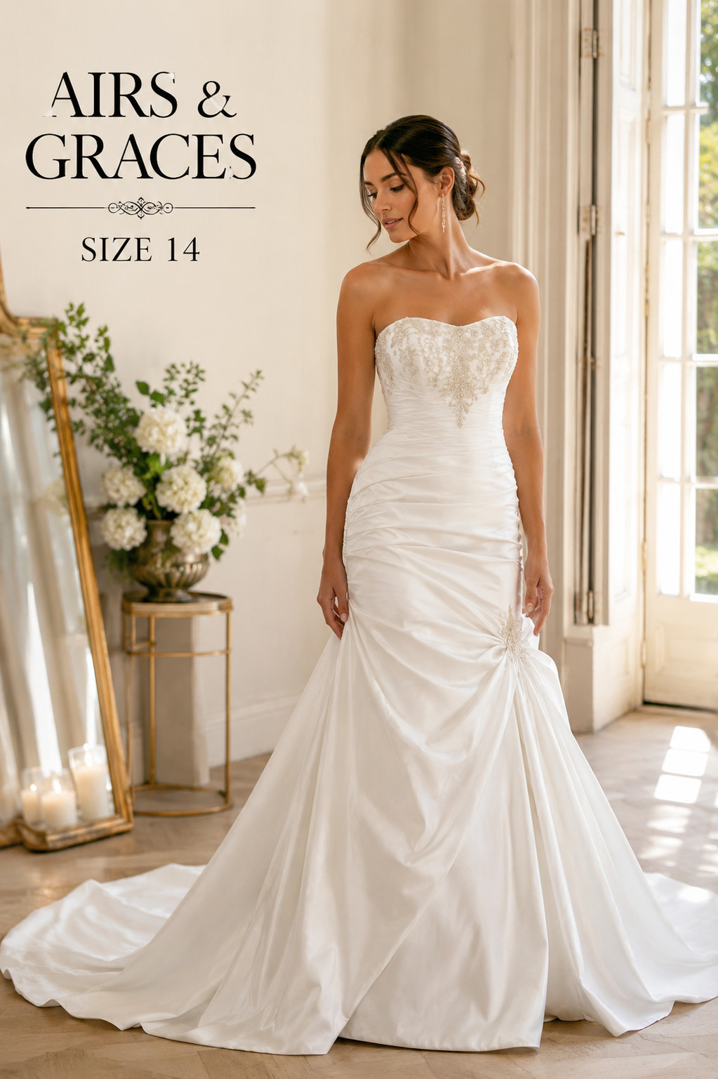 AIRS & GRACES WHITE STRAPLESS BEADED WEDDING GOWN SIZE 14