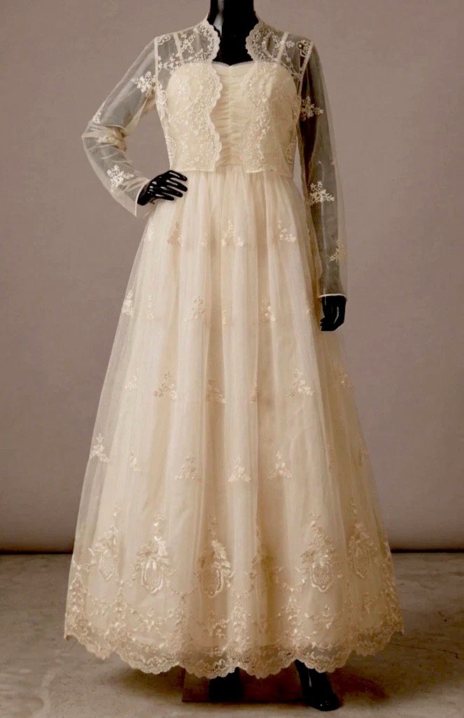 RARE VTG 70s Fred Firand Paris White Sheer Lace Bridal Dress Wedding Gown Maxi