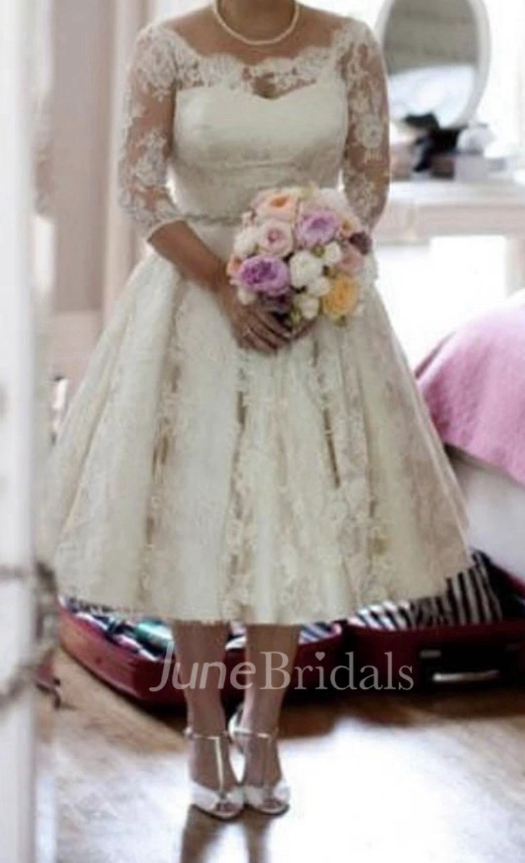 June Bridals Tea Length Lace 3/4 Sleeve Wedding Dress Size 12