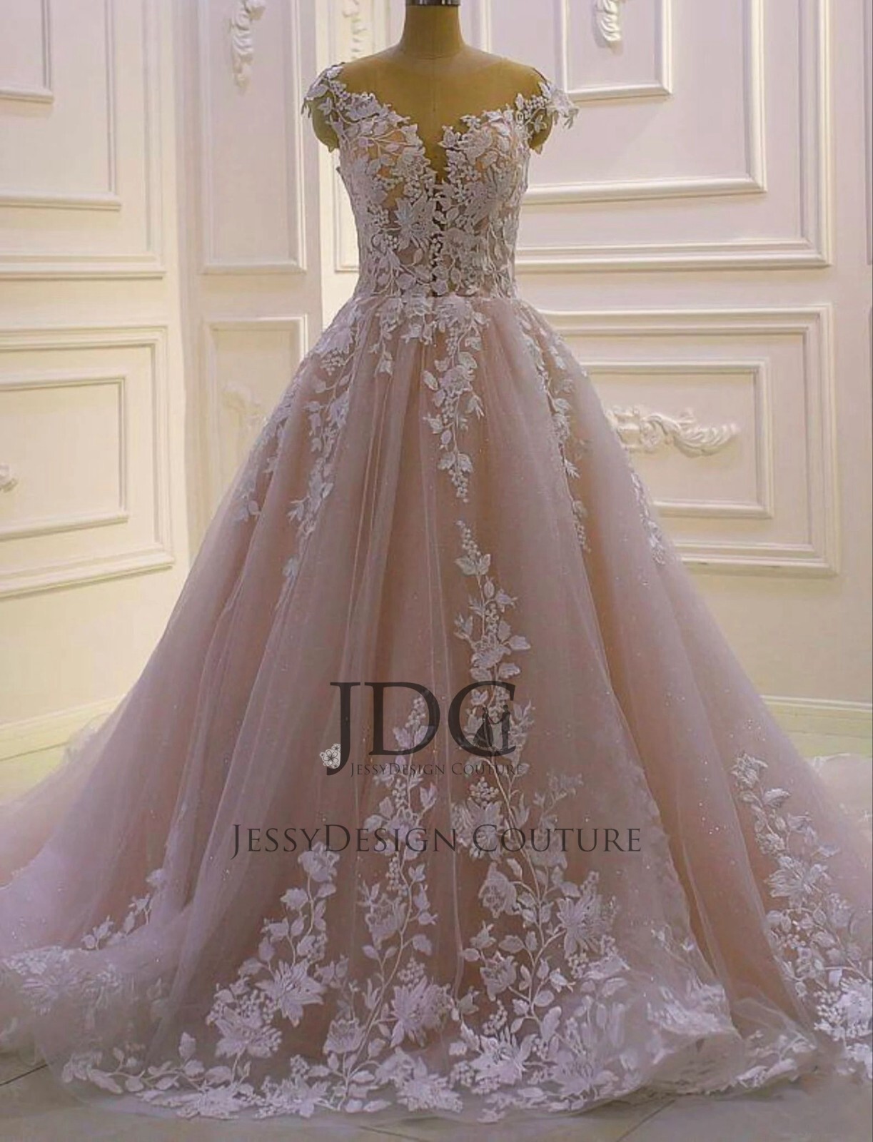 Blush Champagne Beaded Lace Wedding Dress Bridal Gown Custom made Glitter Tulle