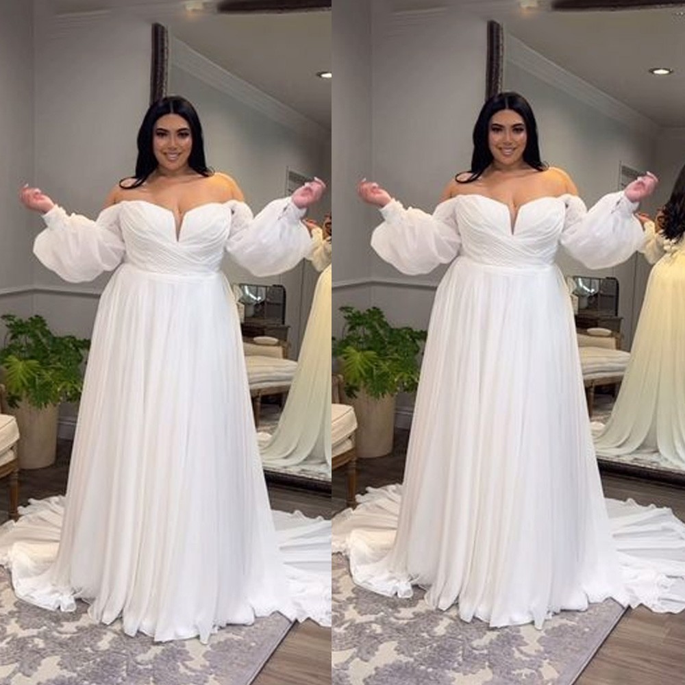 Beach Boho Chiffon Wedding Dress Long Sleeve Off Shoulder Sweep Train Ball Gown