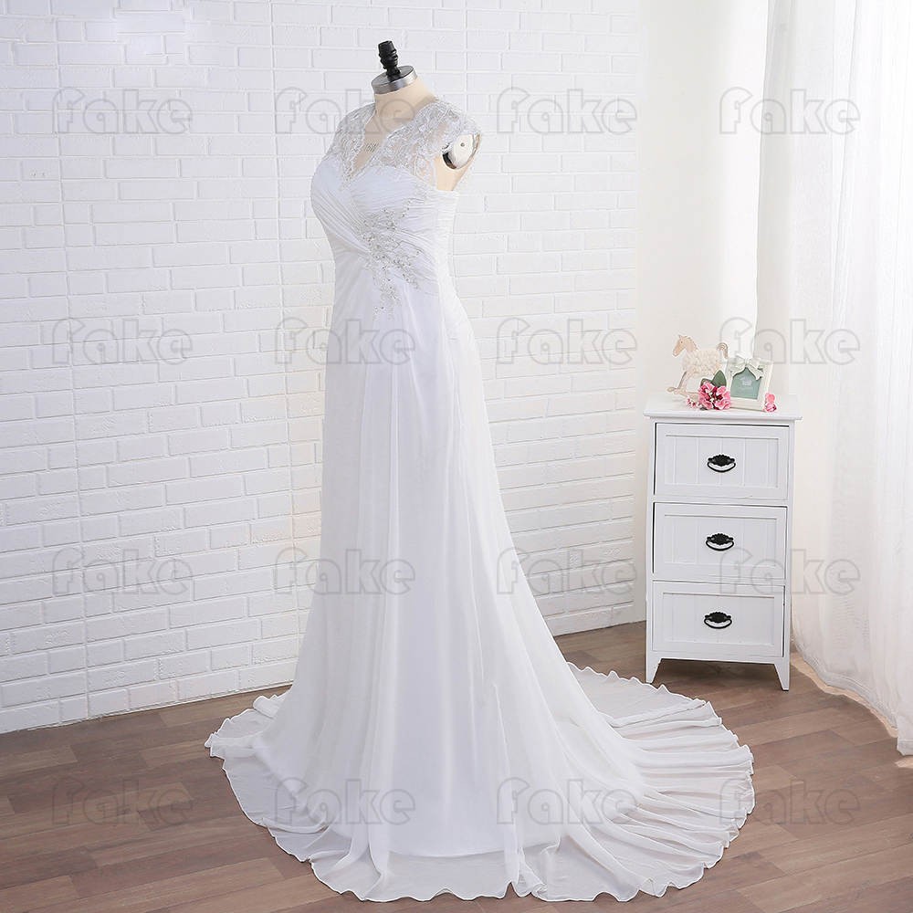 Plus Size Wedding Dresses Cap Sleeve V-neck Lace Applique Chiffon Beach Dress