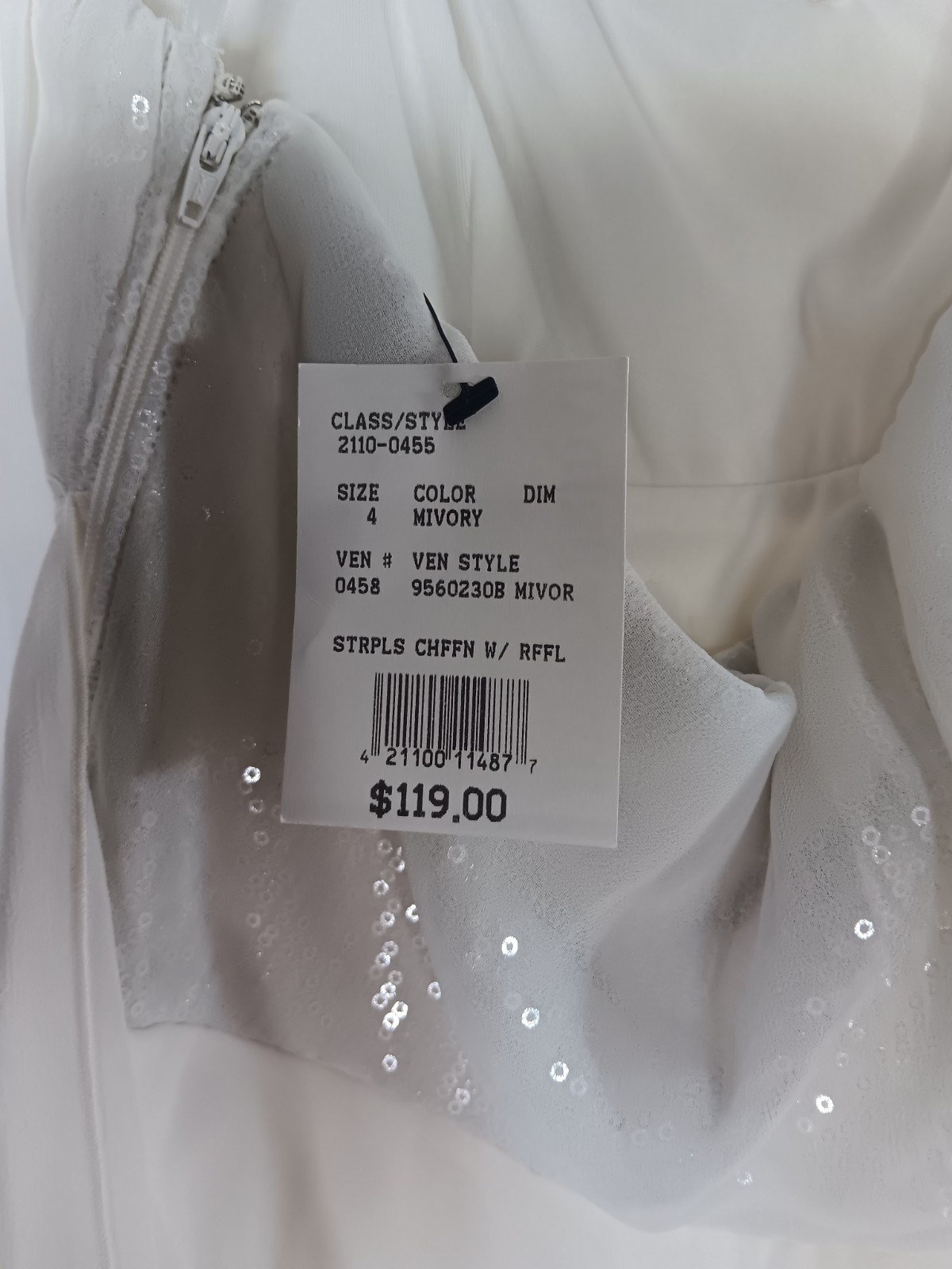 David’s Bridal Ivory Ruffle High Low Sequin Strapless Wedding Dress Women 4 NWT