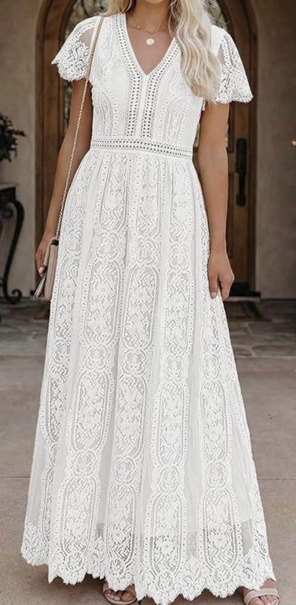 Merokeety Short Sleeve VNeck Lace Simple Boho Wedding Dress Size S Beach Wedding