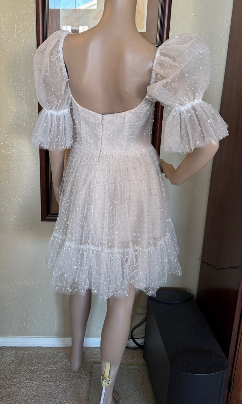 By Watters Macaron Ivory Blush Bridal Wedding Puff Sleeve Mini Dress sz 2 NWT