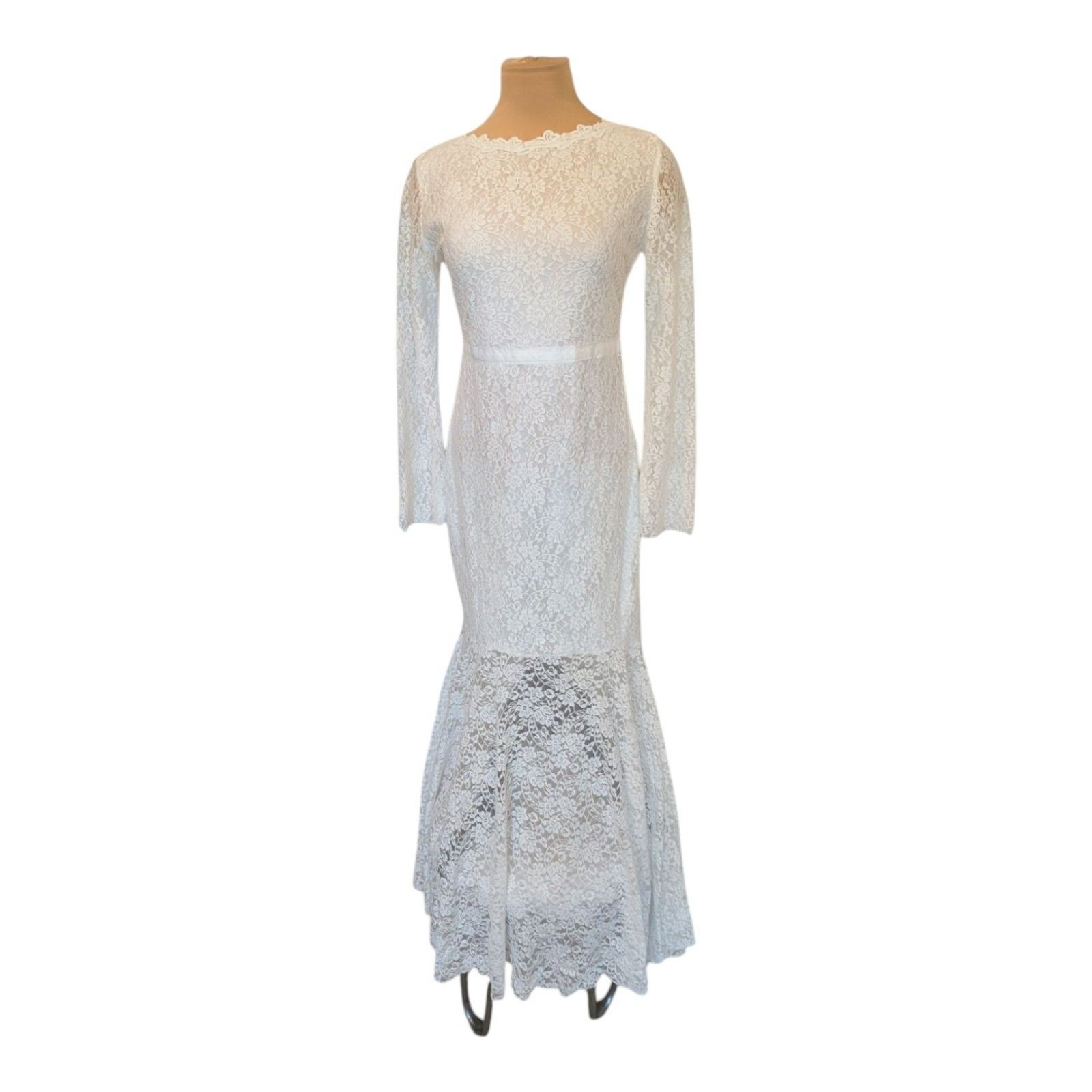 High Low Lace Long Sleeve Beach Wedding Dress Mermaid Bridal Gown Large Whimsy