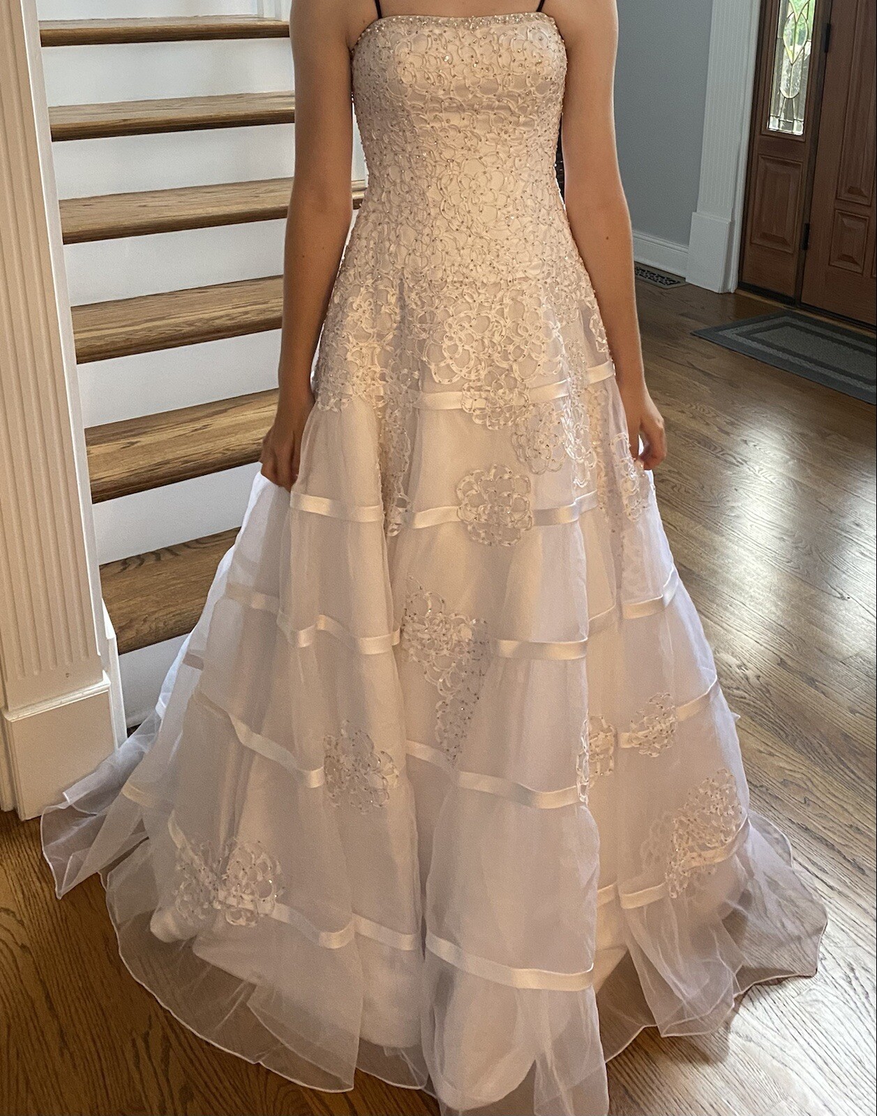 Oleg Cassini White Wedding Dress CWG344 Strapless Beaded Ruffle Satin Tulle Sz 2