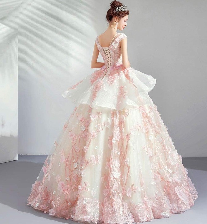 Brand New V-Neck Pink/White Lace Applique Tulle Ball Gown Cap Sleeve Corset Back