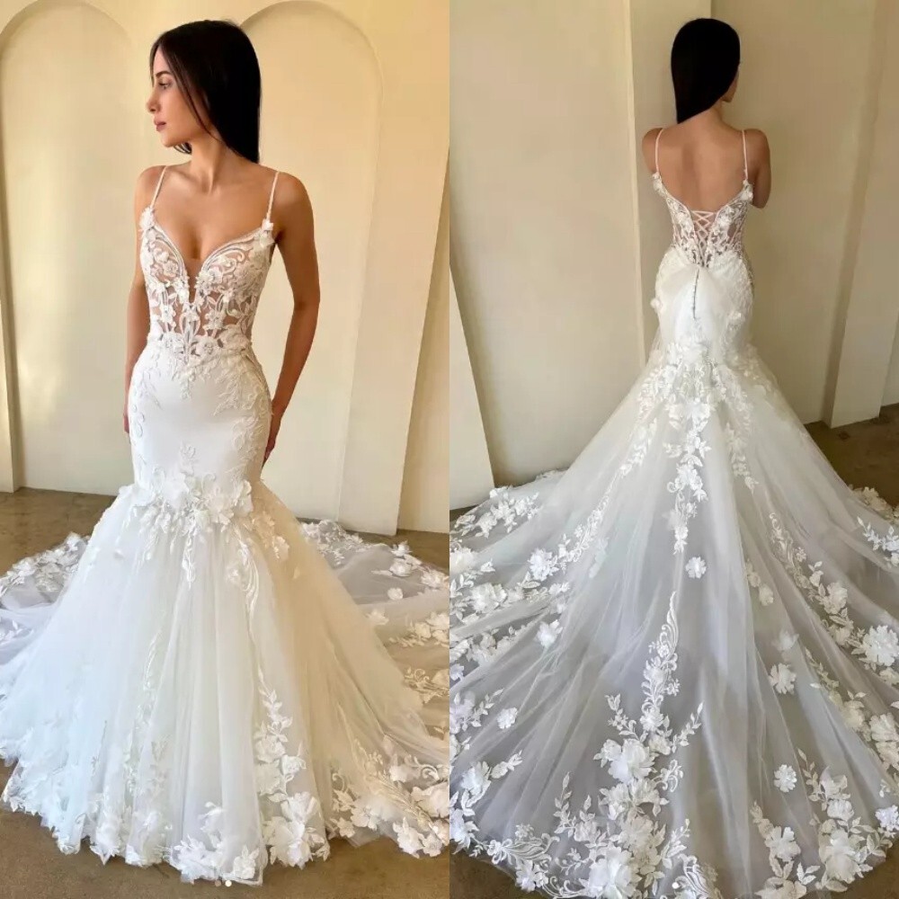 Exquisite Mermaid Wedding Dresses Spaghetti Straps Flower Applique Bridal Gowns