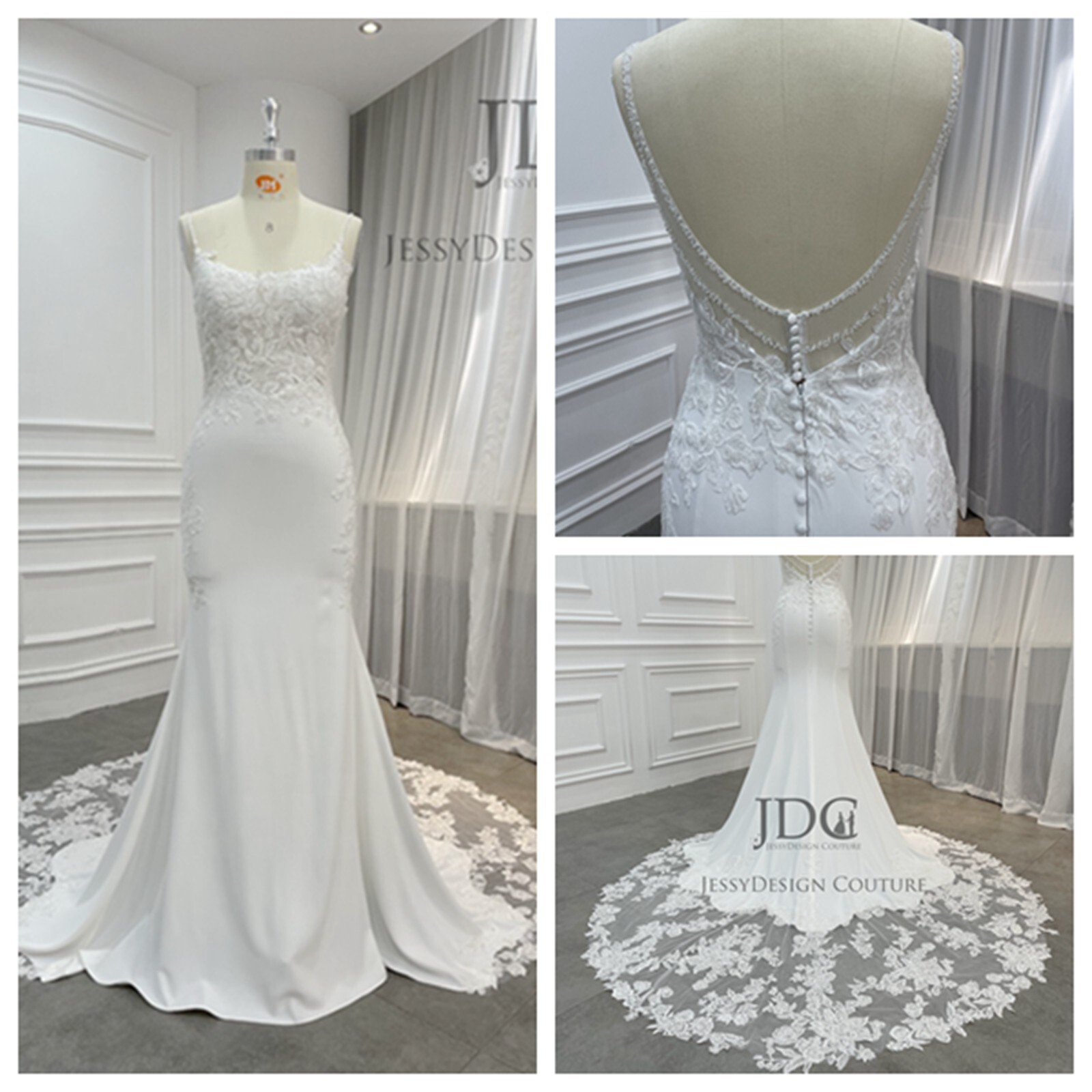 Crepe Plunging Lace Wedding Dress Bridal Gown Custom made Cut-out-train Ivory