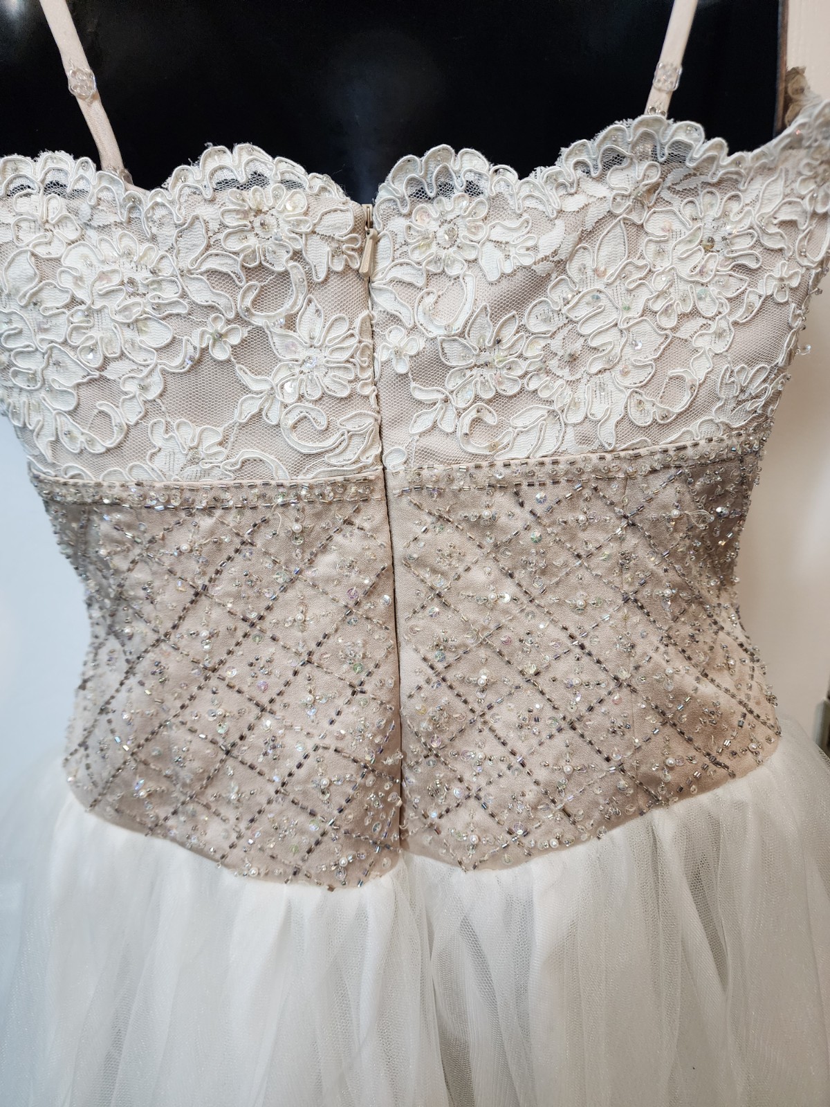 White tulle and lace gown with a gold beaded bodice David’s Bridal Size 8