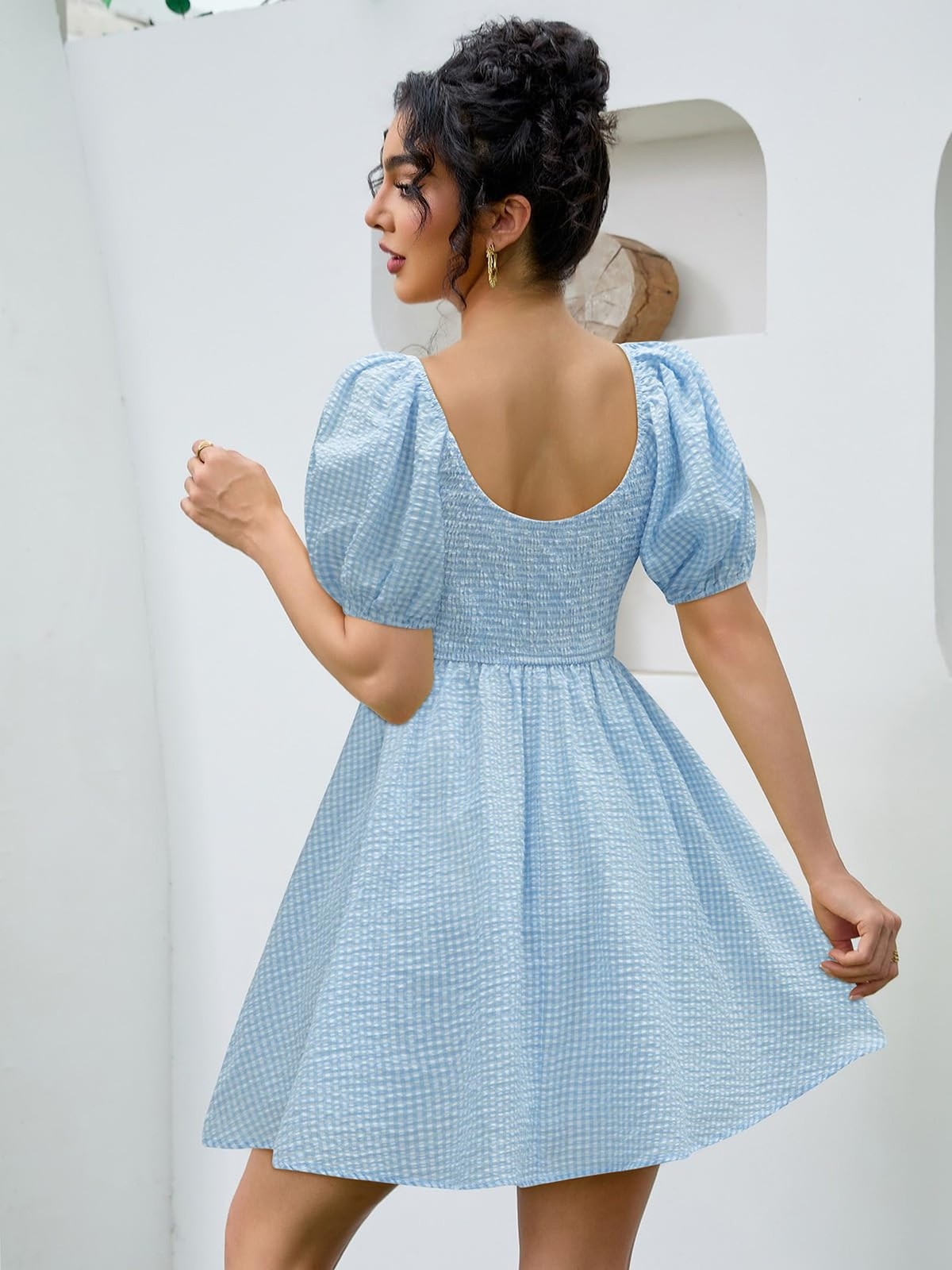 Women’s Summer Casual Puff Sleeve Babydoll Dress V Neck Empire Waist Boho Swi…