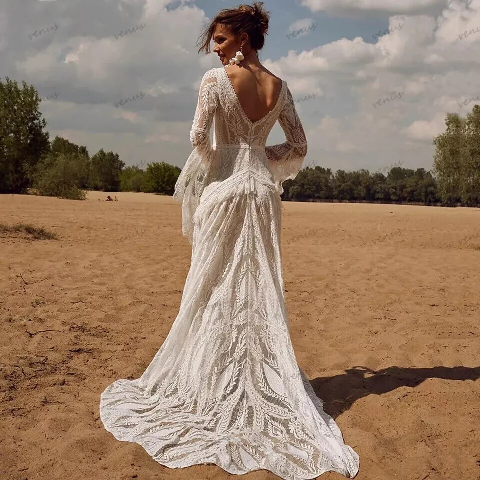 Boho V Neck Wedding Dress Long Sleeves Lace Off-Back A-Line Train Bridal Gown=-=
