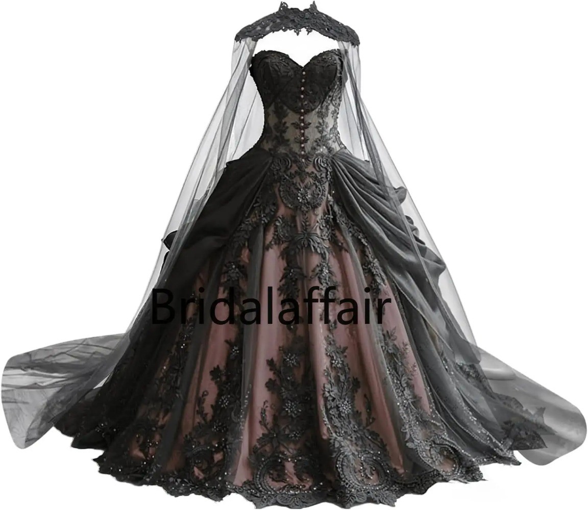 Gothic Weeding Dresses Lace Applique Bridal Dresses Tiered Tulle with Cape