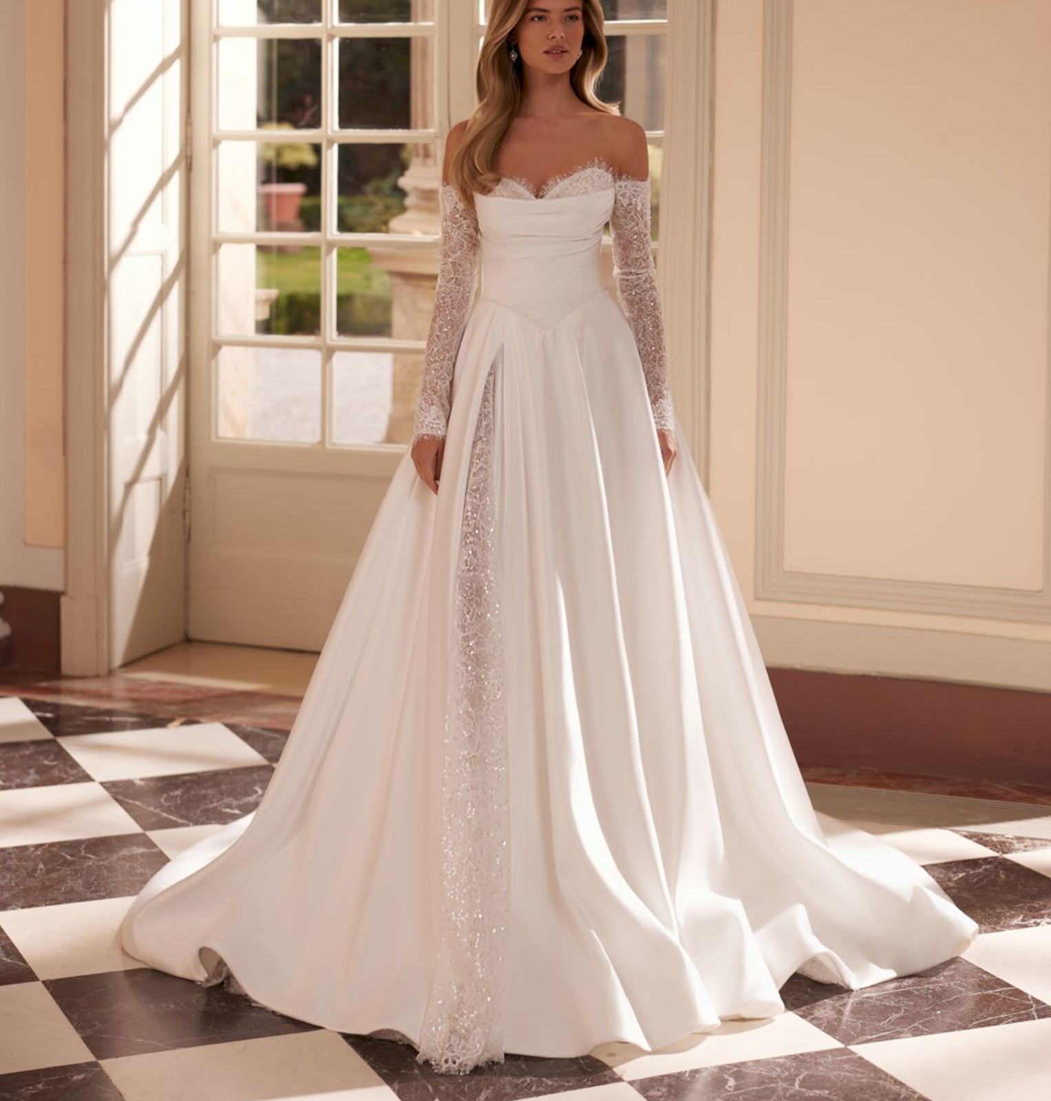 Elegant Lace Satin Wedding Dress 32-60 Long Sleeve Ivory Buttons Tailored