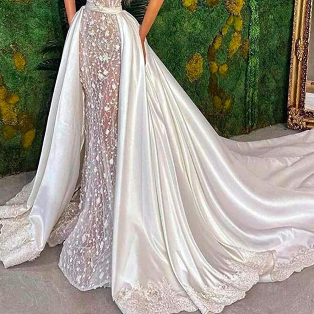 Wedding Detachable Skirts Satin Lace Removable Long Train for Bridal Dresses