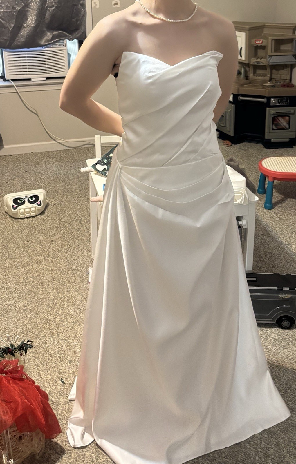 White Strapless Satin A-Line Wedding Dress, Corset Back, Ruching, Full Length