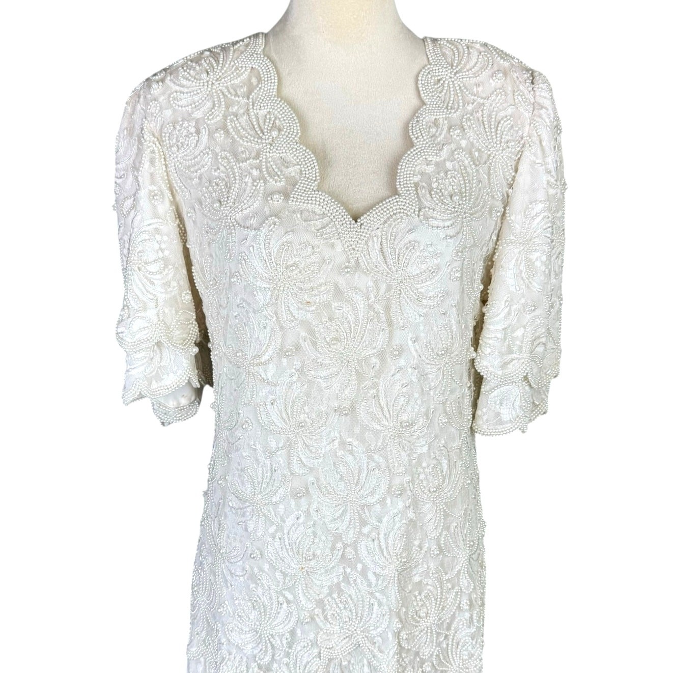 Vintage Laurence Kazar Sz 12 Full Length Pearl Beaded Lacy V Neck Wedding Dress